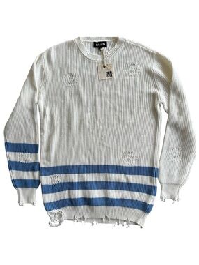 NWT SER.O.YA Women's Distressed Sweater in White with Blue Stripes | Size Medium